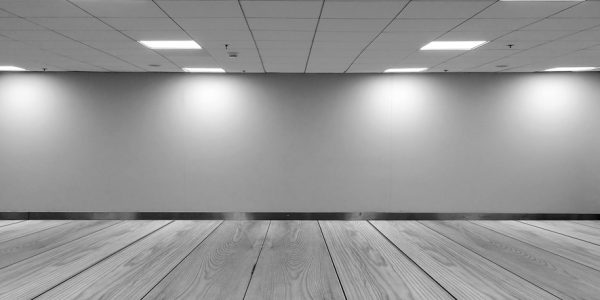 Perspective view Empty Space Monotone Black White Office Room with Row Ceiling LED Light Lamps and Lights Shade on Wall with Wooden Panel Floor for Gallery Interior / Mock Up Display Office Furniture